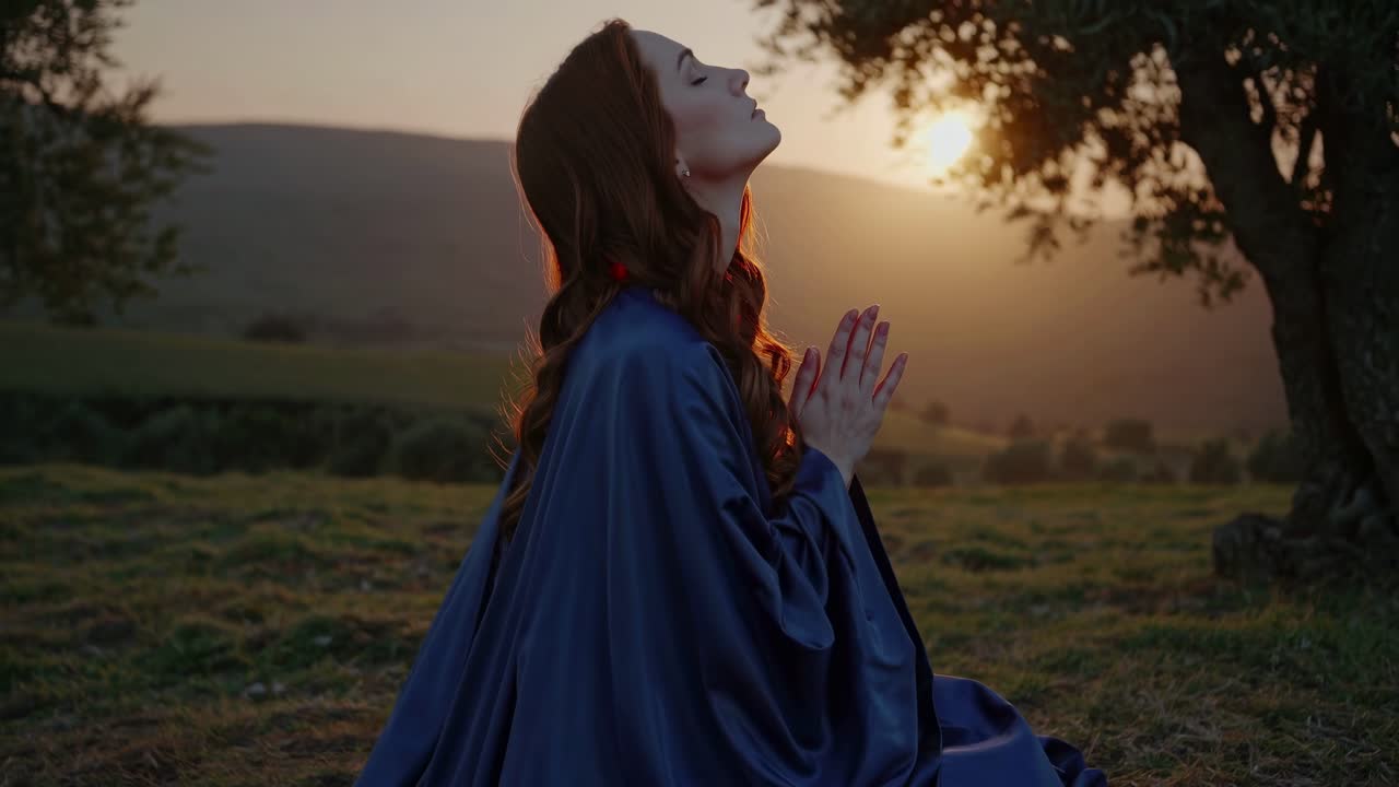 A serene video scene of a woman in a blue cloak praying at sunset