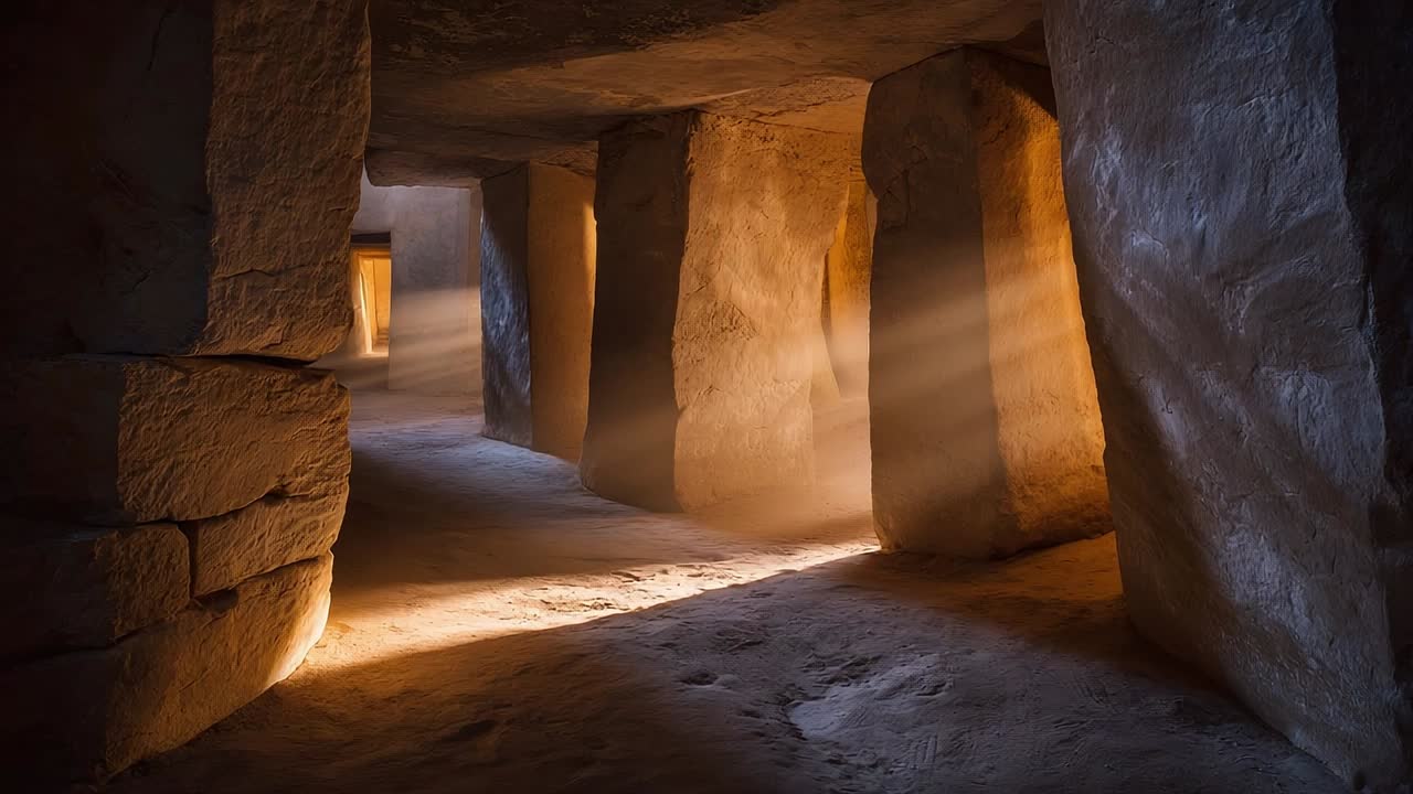 Antico corridoio in pietra illuminato da una soffusa luce solare in un sito storico