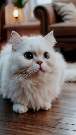 portraits of a fluffy white cat on a wooden floor