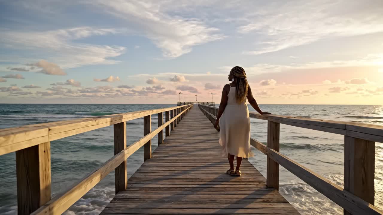 Donna che cammina su un molo al tramonto