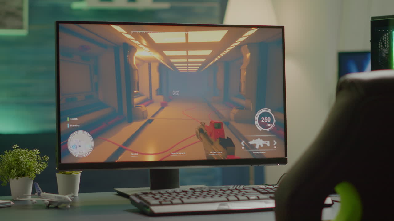 화면에 fps 게임과 함께 rgb 강력한 컴퓨터와 함께 빈 사이버 공간