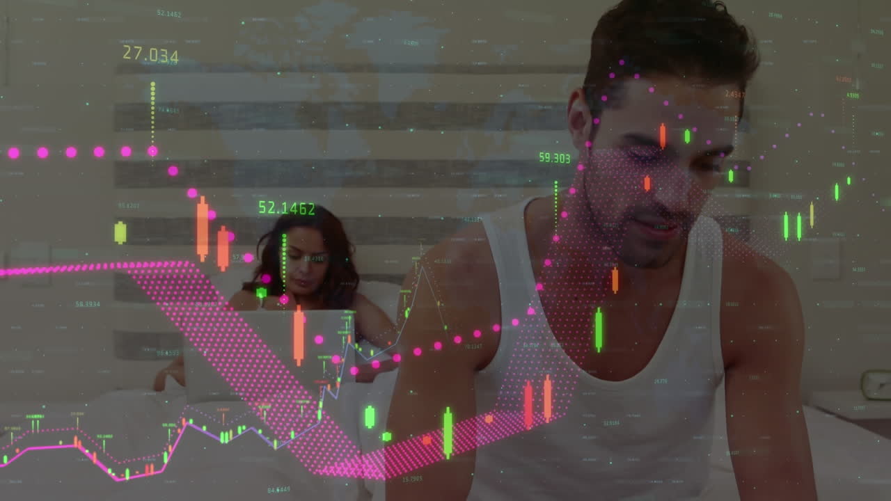 Animation of financial data processing over caucasian couple using electronic devices in the bed