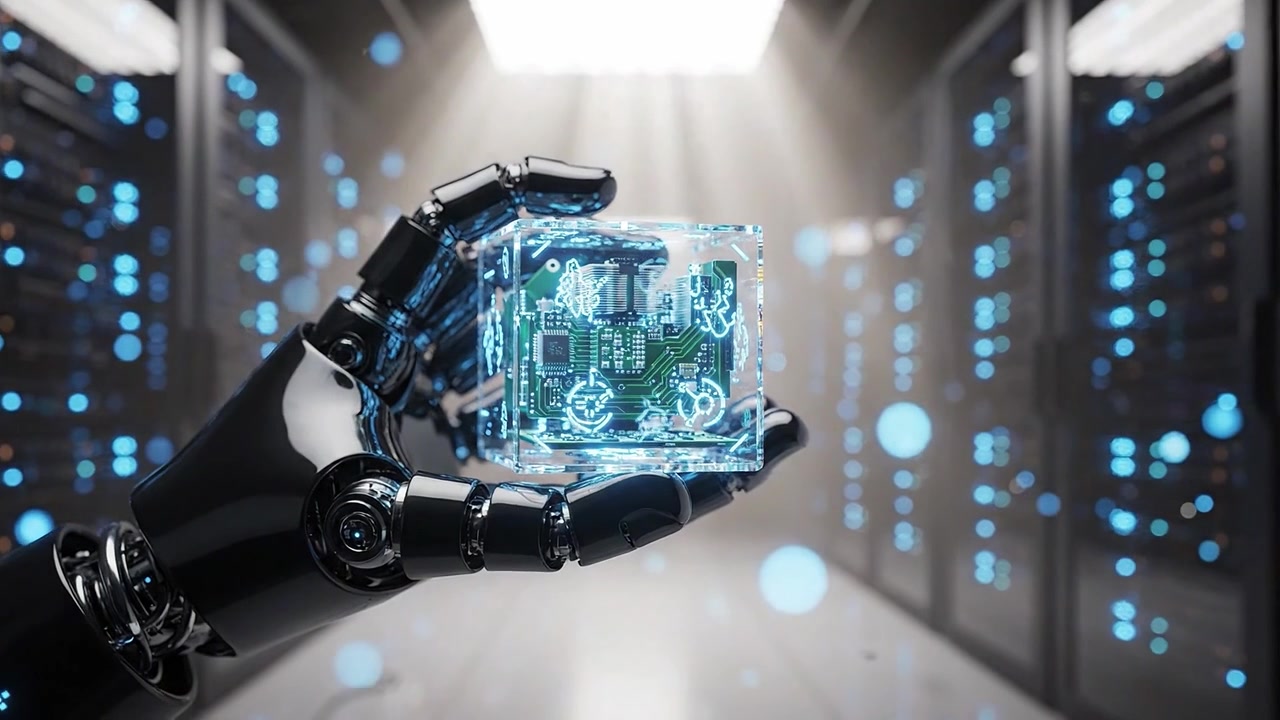 A futuristic robotic hand holds a glowing, transparent cube containing a circuit board amidst a backdrop of illuminated server racks and digital elements.