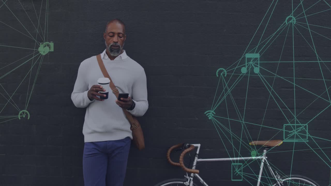 Animation of networks with digital icons over african american man using smartphone in city