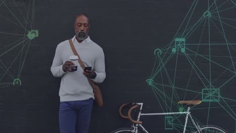 animation of networks with digital icons over african american man using smartphone in city