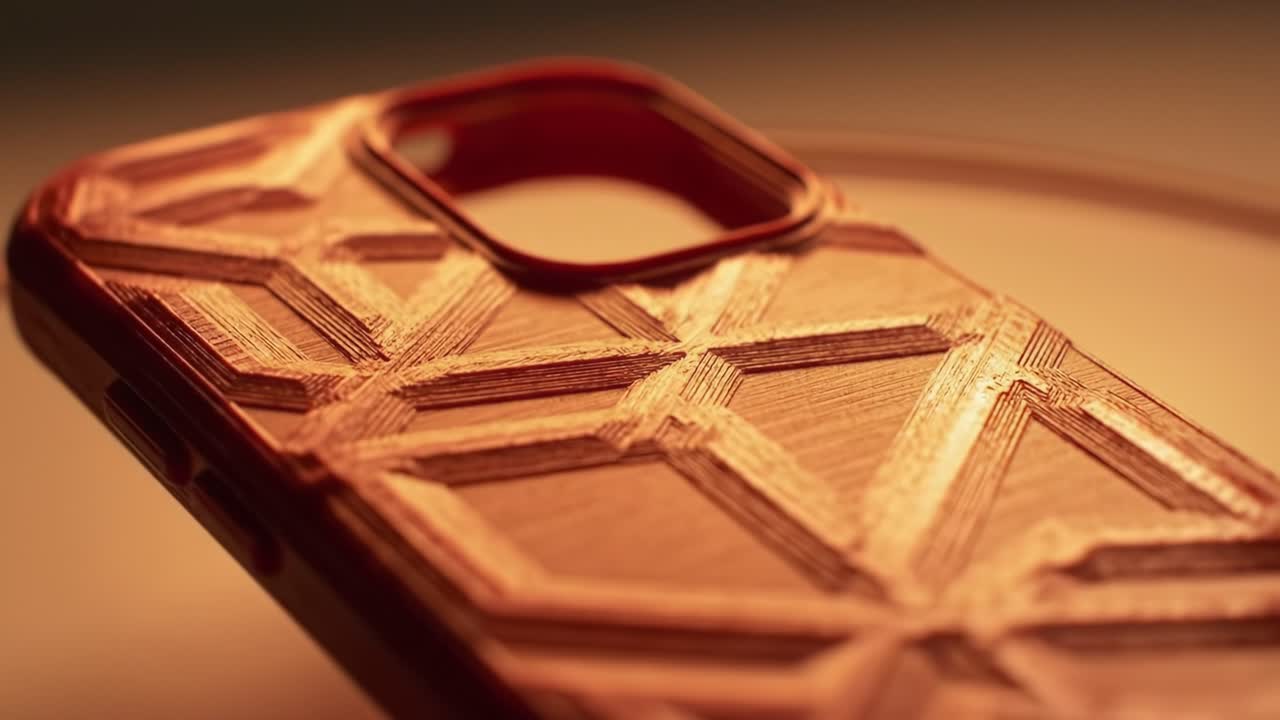 Primo piano di una custodia del telefono dal design complesso, caratterizzata da un motivo geometrico unico con texture ricche e illuminazione calda