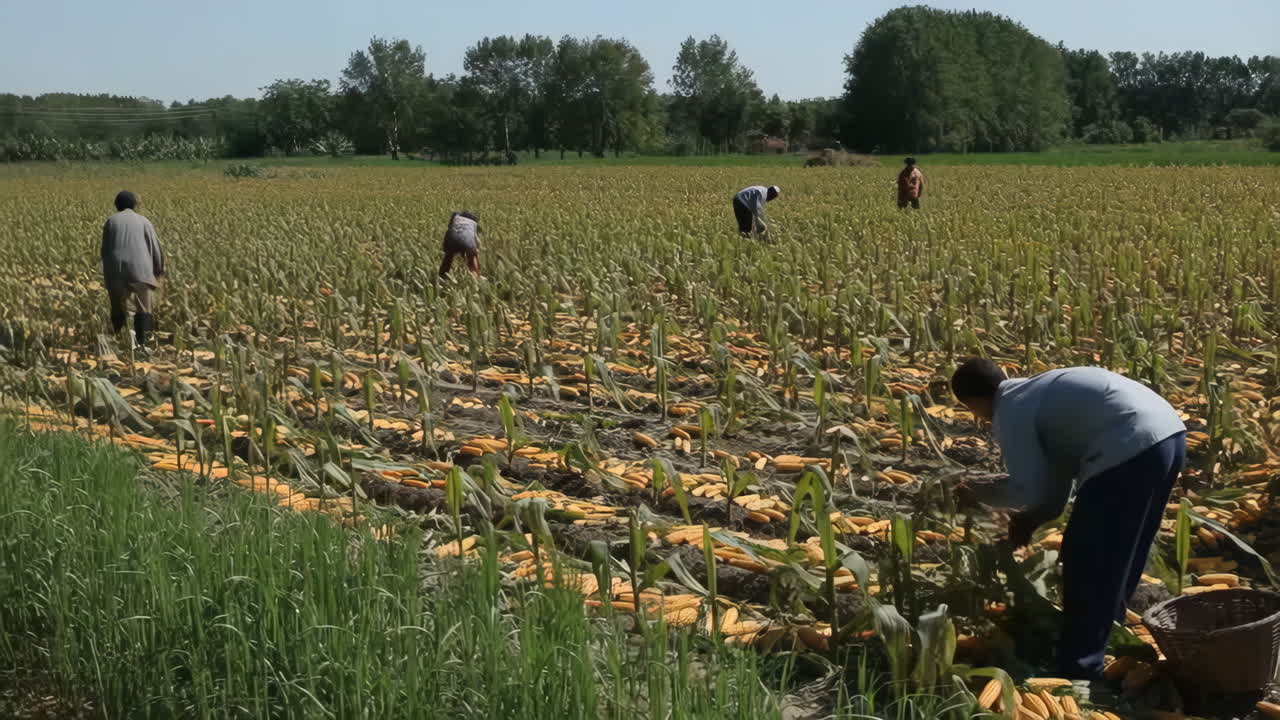 Farmers harvesting corn in a large field
