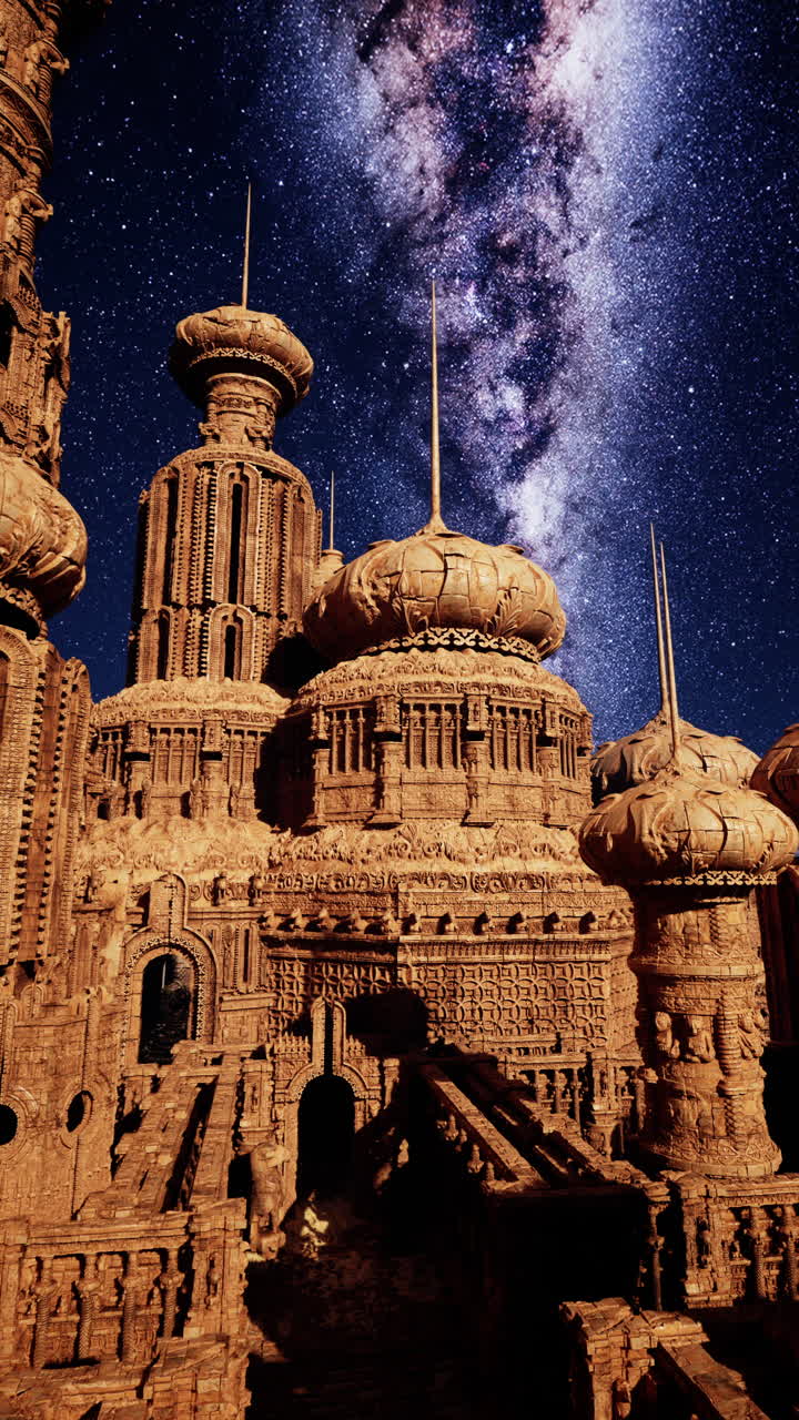 un majestuoso castillo de piedra se alza bajo un cielo estrellado, con la vía láctea brillando por encima.