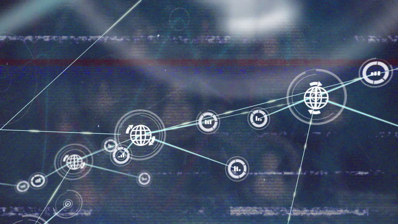 Animation of vhs glitch effect over network of digital icons and data processing on blue background