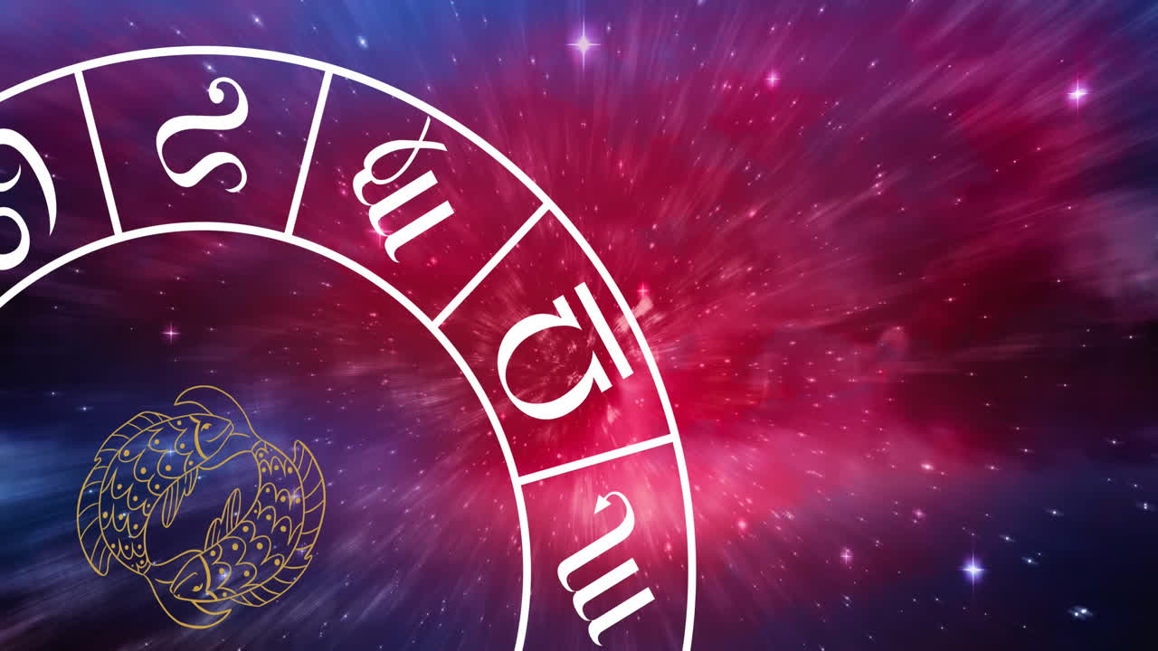 composición del símbolo del signo de la estrella de piscis en la rueda del zodiaco giratoria sobre estrellas brillantes
