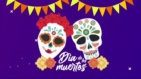 dia de los muertos lettering celebration with skulls heads and garlands