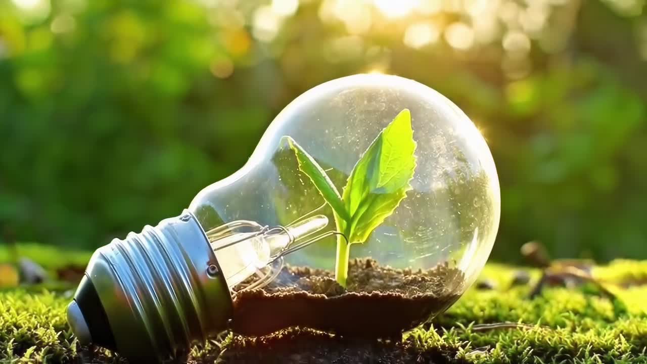 Video ravvicinato di una lampadina con una pianta all'interno, che simboleggia l'energia verde, a livello del suolo.