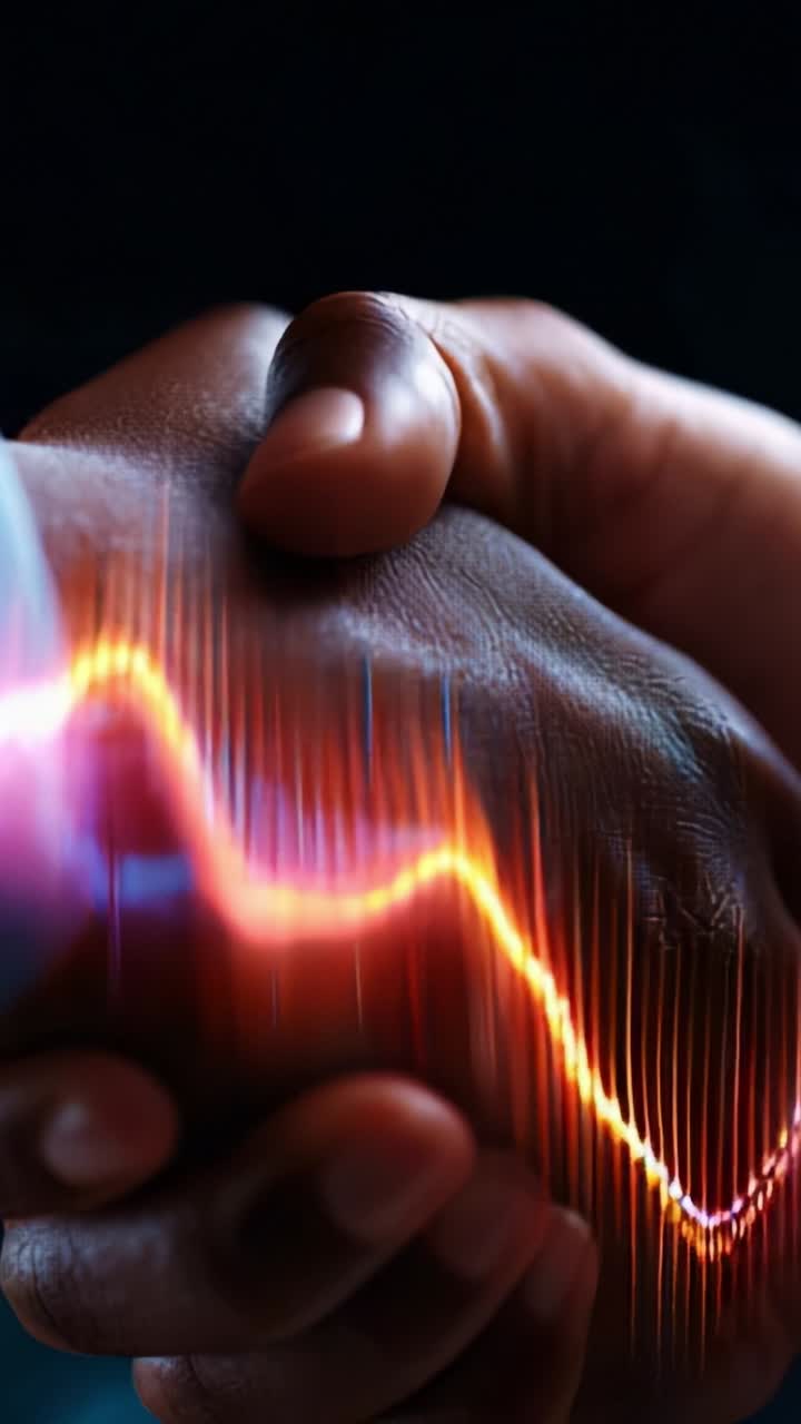 Dynamic Connection: Two Hands Engaged in a Firm Grip Surrounded by Vibrant Waves of Light Representing Energy, Motion, and Interaction