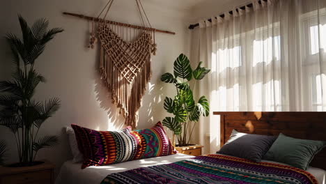 cozy bohemian bedroom with sunlight and macrame decor