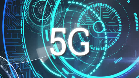 animation of word 5g over shapes made of microprocessor connections