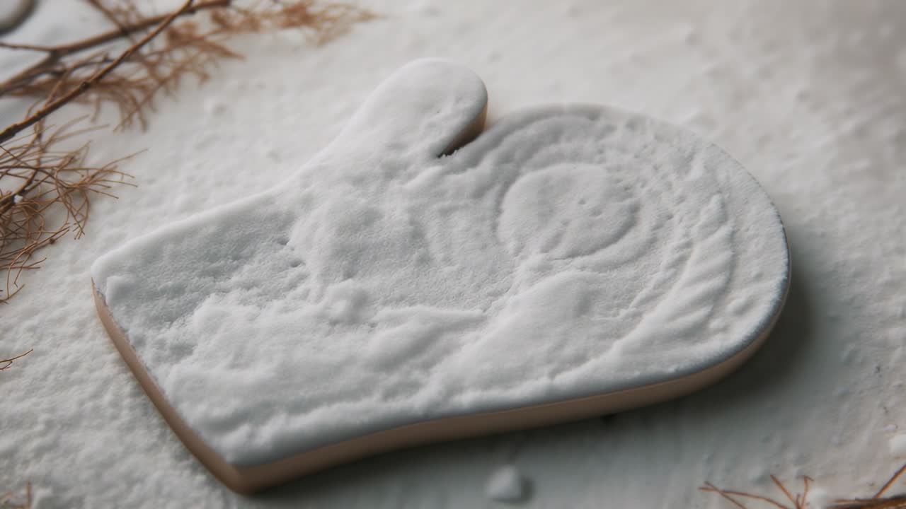 Mitten-shaped sugar cookie resting on powdered table with dried twig, showcasing texture