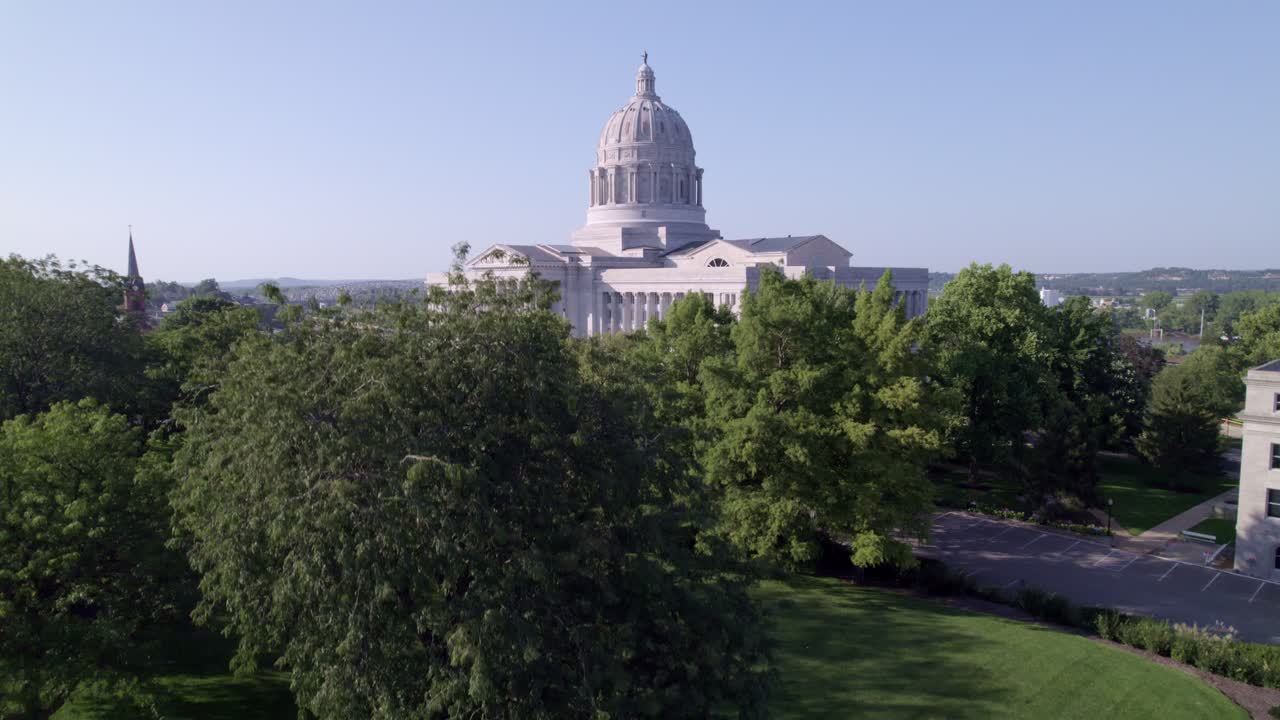 Discover the charm of Jefferson City's skyline and the iconic Capitol building from a bird's eye view.