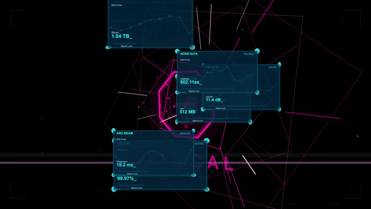 Magenta hexagon glowing, HUD panels stacking, displaying critical metrics over rotating polygon