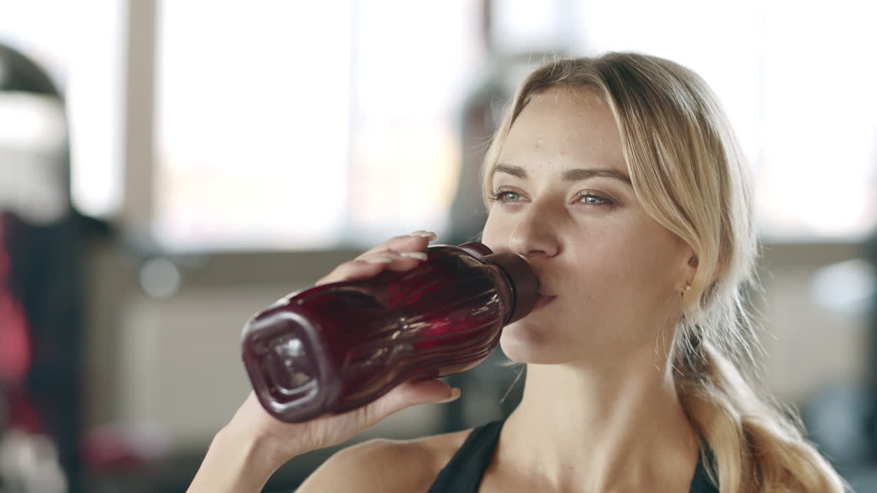 mujer de fitness disfrutando de agua dulce en el entrenamiento de cardio en el gimnasio.