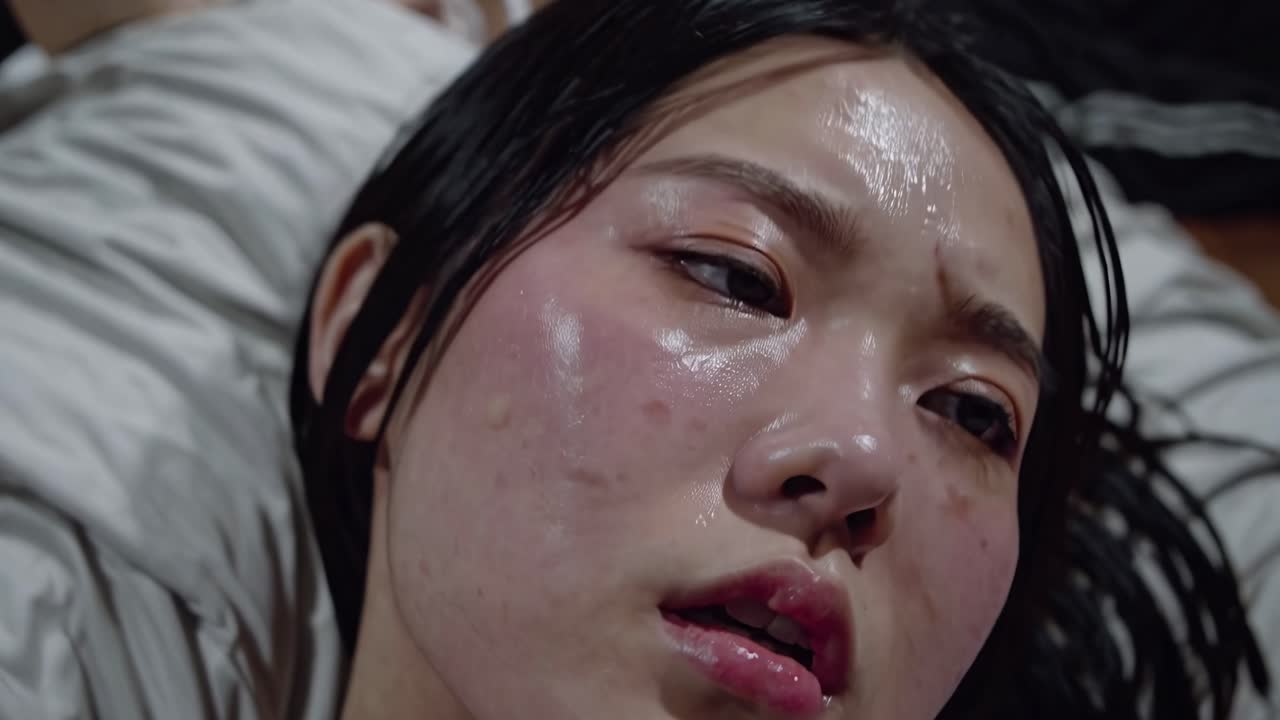 젊은 여성, 아마도 운동선수, 누워, 을 흘리고 강렬한 운동 후 숨을 쉬고, 피로와 신체적 노력의 징후를 나타니다.