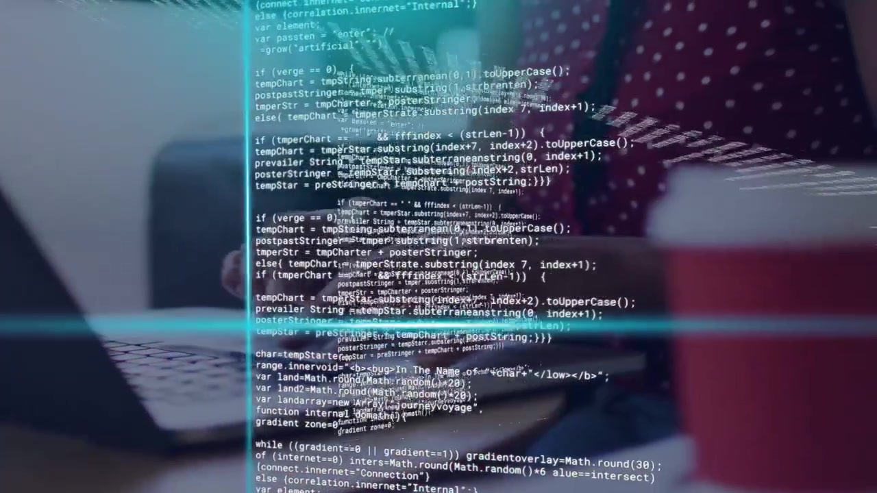 Woman typing laptop keys causing cyan code grid, camera pulling back revealing red cup while coding