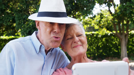 una pareja de ancianos tomando un selfie con un teléfono móvil en el parque