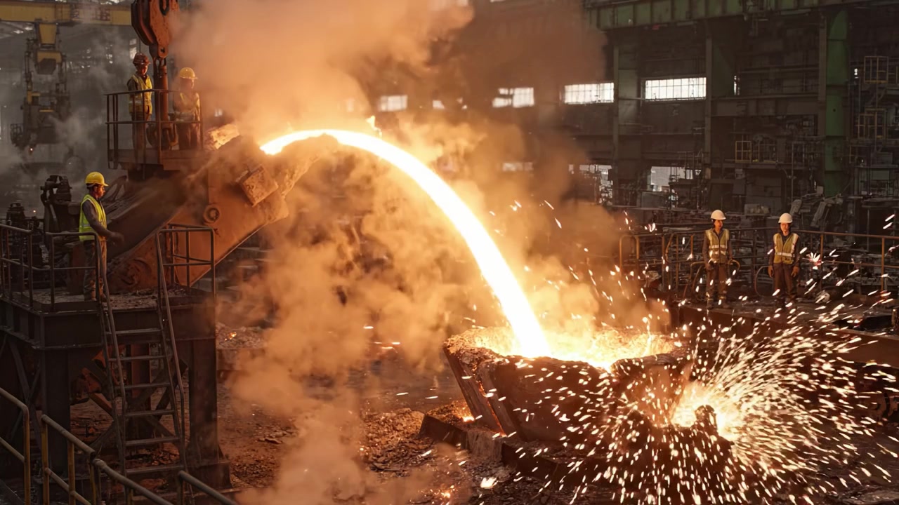 Metallo fuso viene versato in stampi durante un'operazione di colata ad alta temperatura in una fonderia di acciaio industriale con operai che supervisionano il processo