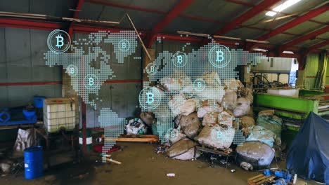 Animation-of-world-map-and-bitcoins-over-warehouse