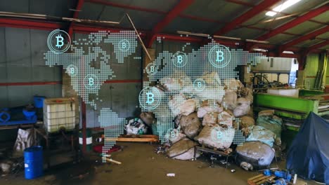 animación del mapa del mundo y bitcoins sobre el almacén