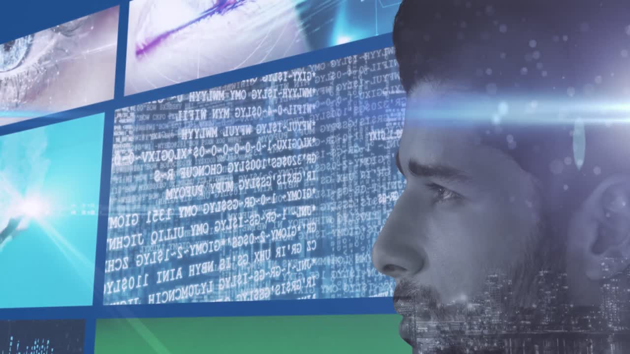animación de procesamiento de datos y pantallas digitales sobre el hombre caucásico