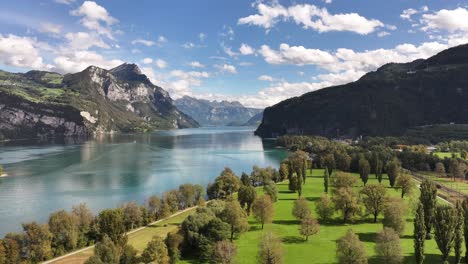 walensee, st. gallen, glarus, switzerland - a scenic lake with vibrant turquoise waters and striking mountain backdrops - drone flying forward