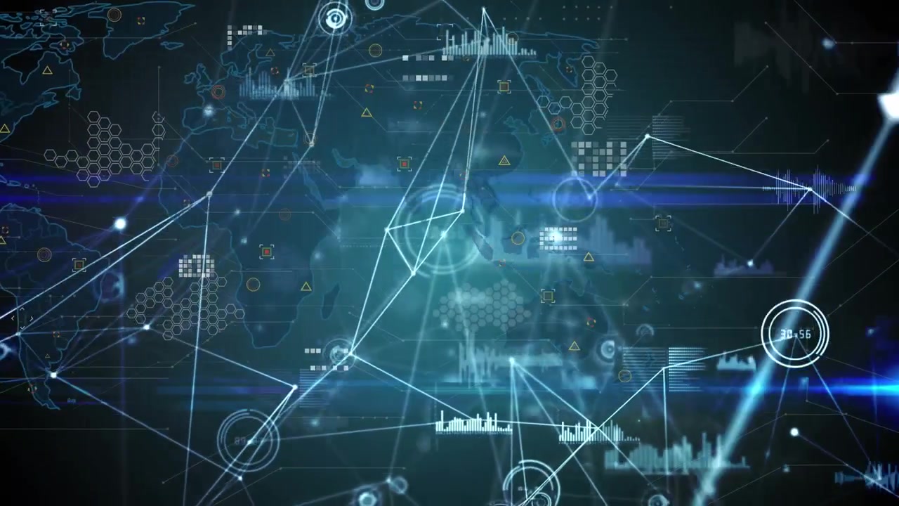 Animation of network of connections, data processing and light trails against world map