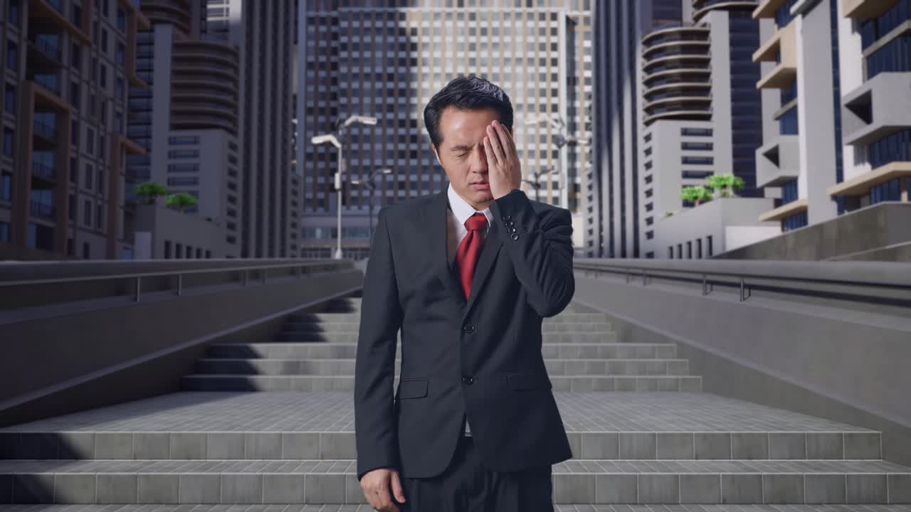 도시에서 서있는 동안 피곤한 아시아 사업가