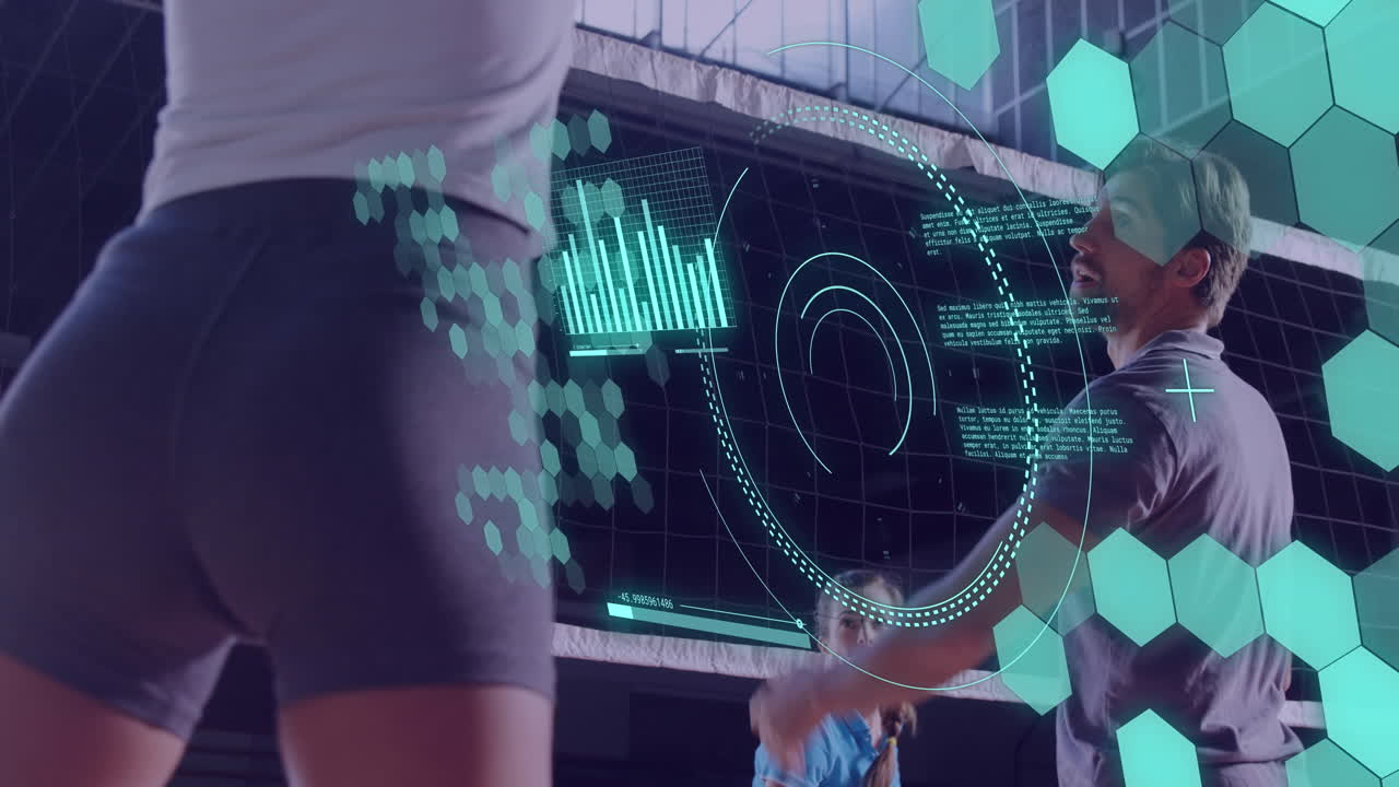 Animation of scope scanning and data processing over caucasian people playing volleyball at gym