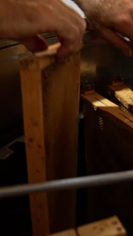 male apiculturist putting the frames into the centrifuge apparatus for honey extraction. gathering organic product at apiary. vertical video
