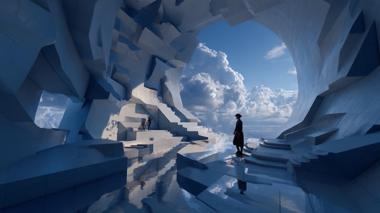 A stunning exploration of an ethereal, abstract landscape with crystalline structures, reflecting serene skies and clouds, creating an ambiance of tranquility and introspection in a dreamlike environment