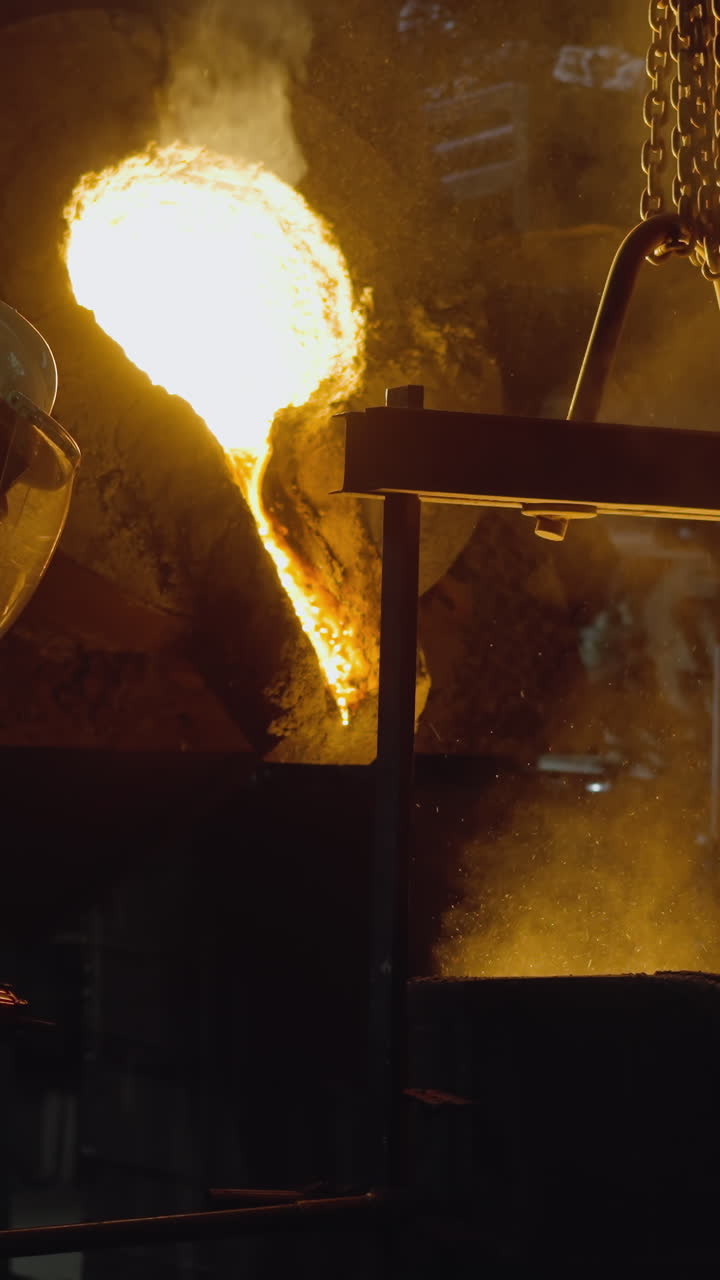 Fiery blast furnace at foundry with workers handling molten metal