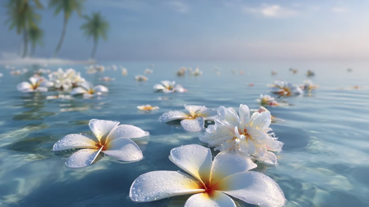 Una vista serena di vivaci fiori bianchi che galleggiano con grazia su acque tranquille, illuminate dal tenue bagliore della luce solare e circondate da una lussureggiante vegetazione sullo sfondo.
