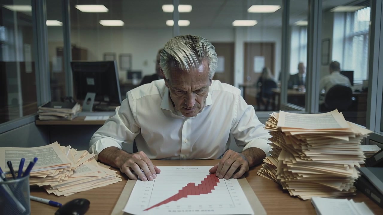 Touching temple, senior in white shirt sorting manila folders at glass desk, examining red chart