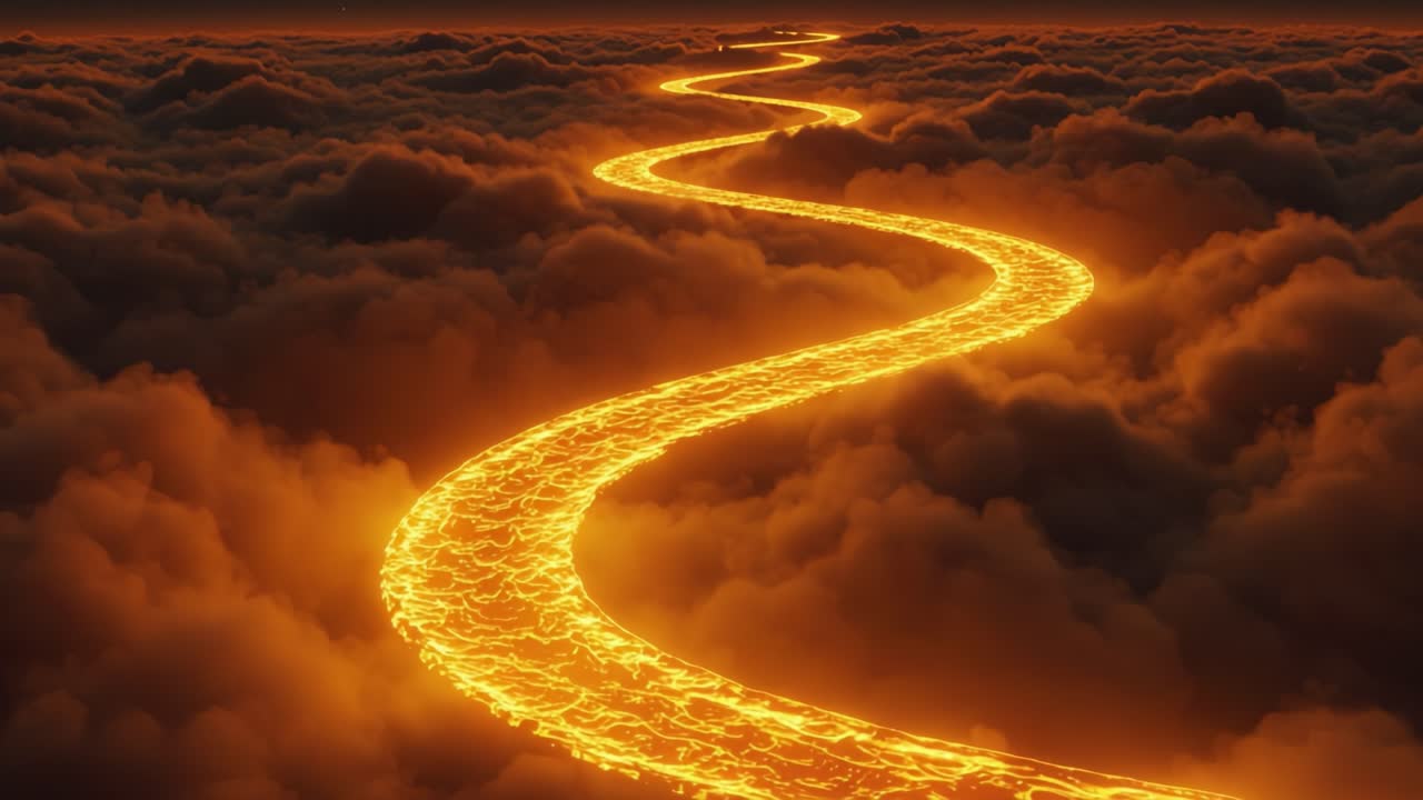 A Majestic Lava River Flowing Through a Sea of Clouds at Dusk, Showcasing the Fiery Glow and Stunning Contrast of Elements in Nature's Raw Beauty