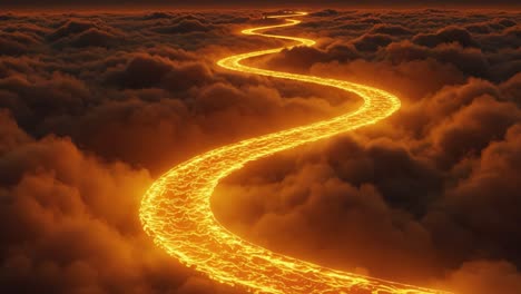 a majestic lava river flowing through a sea of clouds at dusk, showcasing the fiery glow and stunning contrast of elements in nature's raw beauty