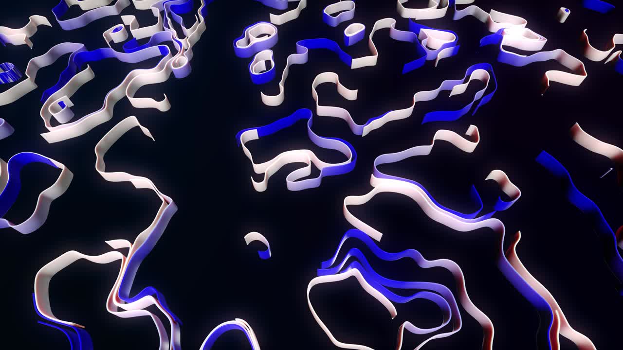 4k abstract bg with moving blue white lines or ribbons forming curl noise on plane. Concept of abstract computing neural network or ai. Curved ribbons on plane. Luma matte as alpha channel.