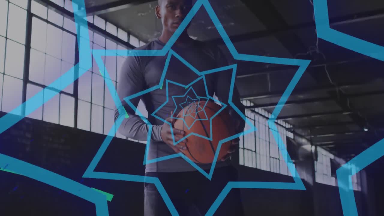 아프리카계 미국인 남자가 농구를 연습하는 것에 대해 움직이는 시작 모양의 디지털 구성