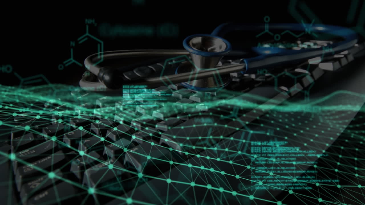 의사 스테토스코프를 통해 연결 네트워크 및 데이터 처리의 애니메이션