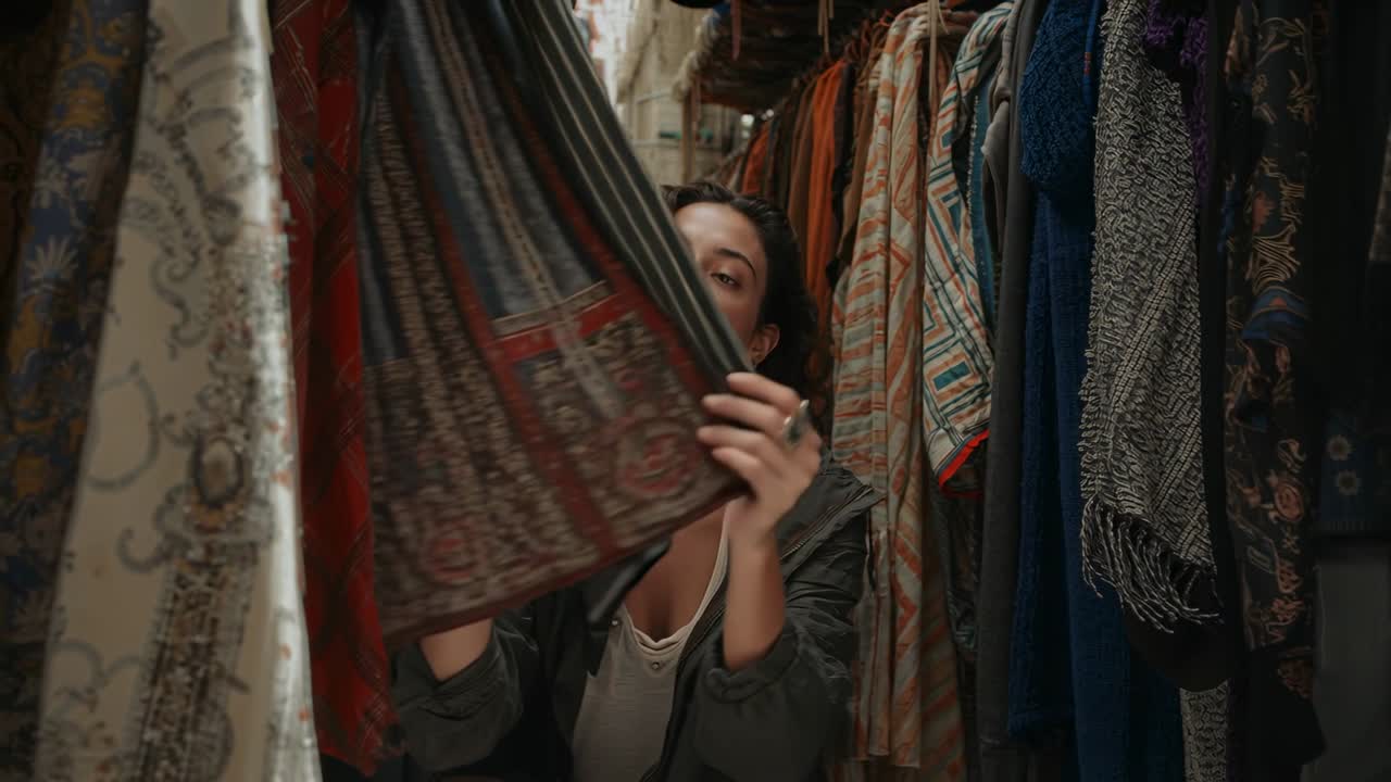 Donna seduta che si sistema il girocollo, indossando gioielli, toccando tessuti e controllandone la consistenza in una bancarella.