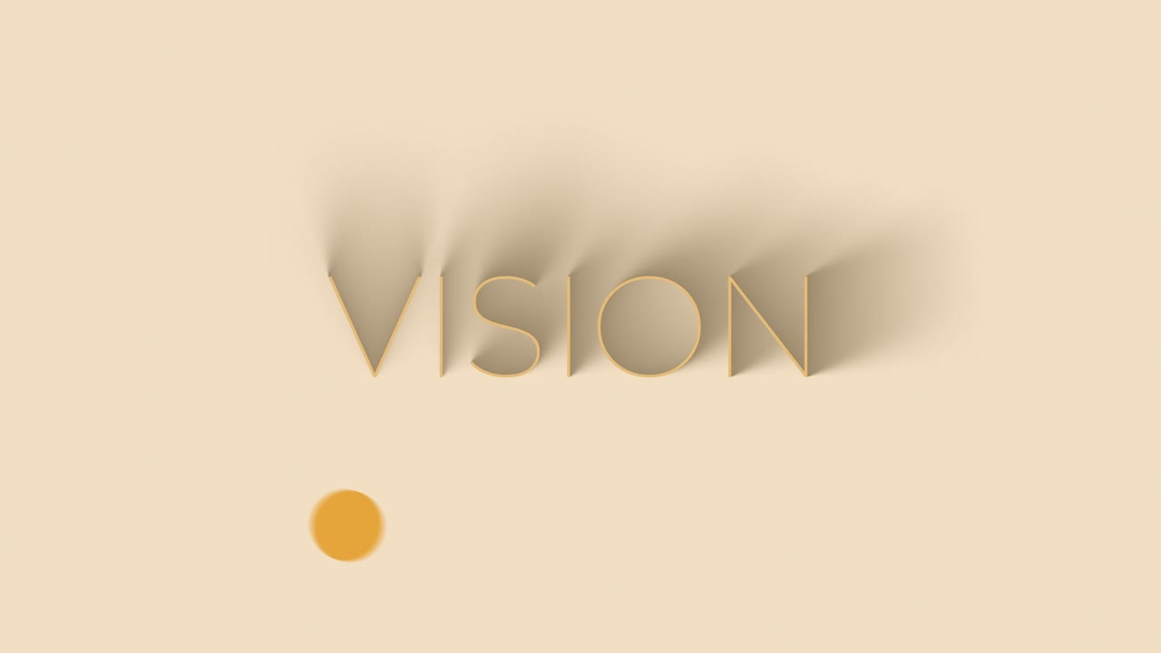 Animazione vintage concettuale della parola VISIONE. Design minimalista con una sorgente di luce calda rotante e un'ombra lunga e profonda su uno sfondo color crema