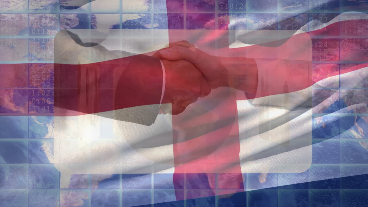 animación de la bandera de inglaterra ondeando sobre un grupo diverso de personas de negocios