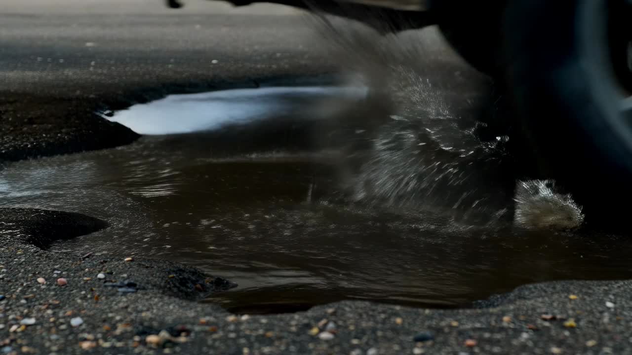 Et køretøjs dæk rammer en vandpyt i vejsiden, hvilket skaber et plask og sprøjter mudret vand udad