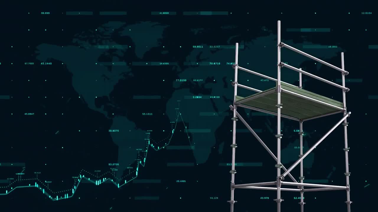 animación del procesamiento de datos financieros sobre el mapa del mundo y el andamiaje
