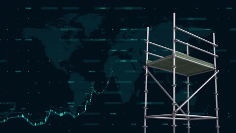 animación del procesamiento de datos financieros sobre el mapa del mundo y el andamiaje